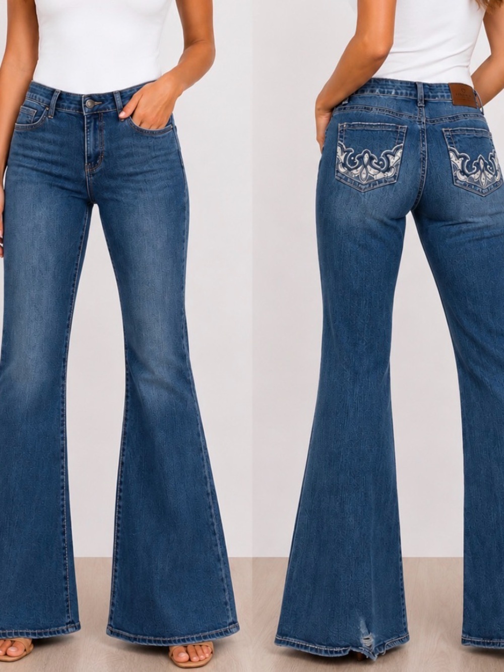 Deezer Women's Blue Flared Jeans - Classic Mid Wash embellished pockets SZ 13